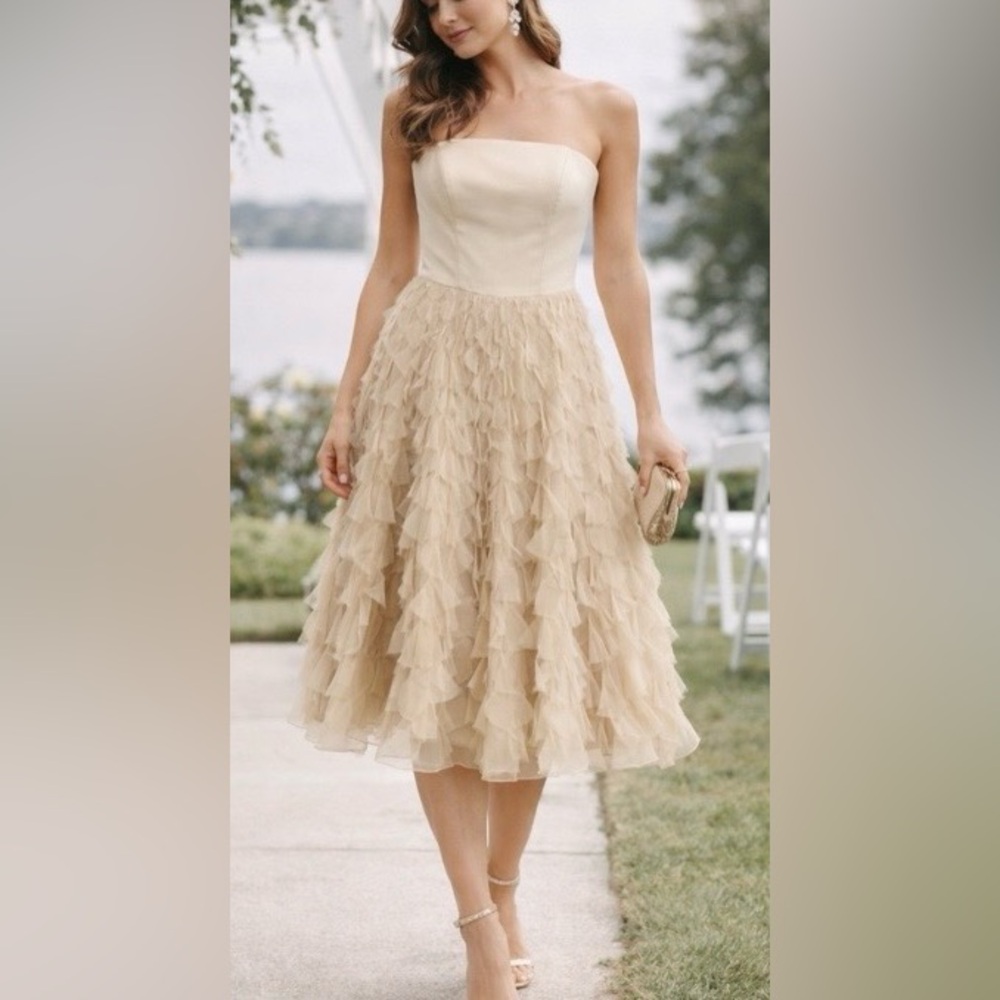 WHBM Strapless Champagne Midi Wedding Guest Party Dress Textured Feather Chiffon